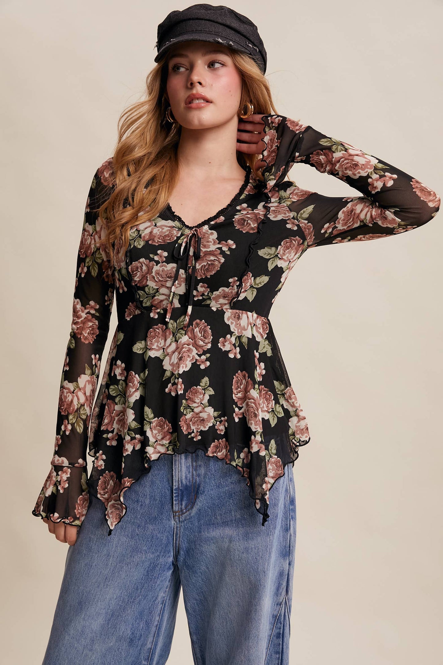 Floral Mesh Handkerchief Blouse
