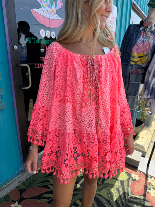 Boho Short Dress Lace Tassels — Pink
