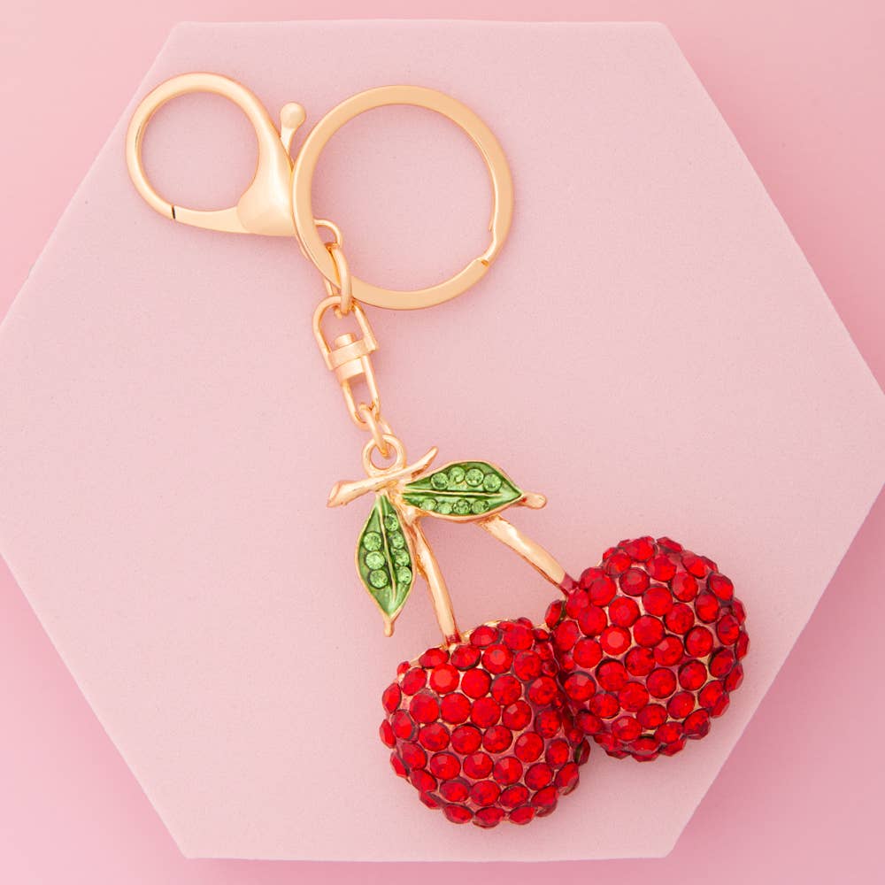 Rhinestone Cherry Keychain with Split Ring and Lobster Clasp