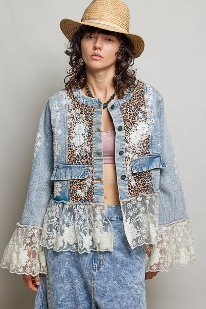 Boho Lace Trim Patchwork Denim Jacket