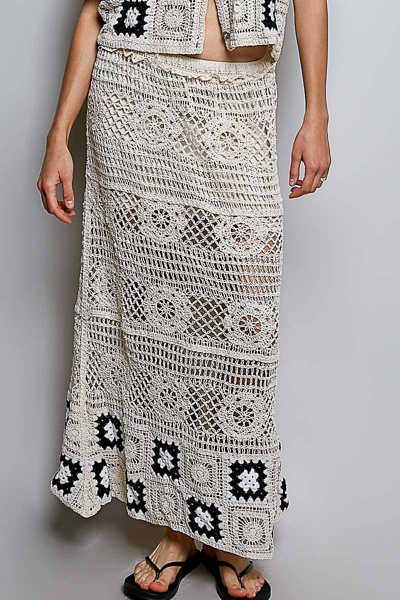 Granny Square Weave Ruffle Waistband Crochet Maxi Skirt