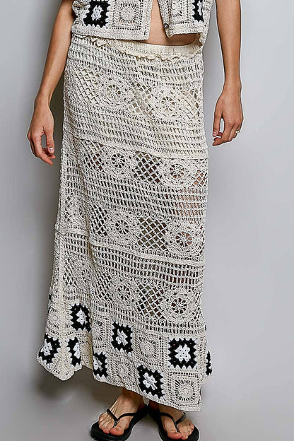 Granny Square Weave Ruffle Waistband Crochet Maxi Skirt
