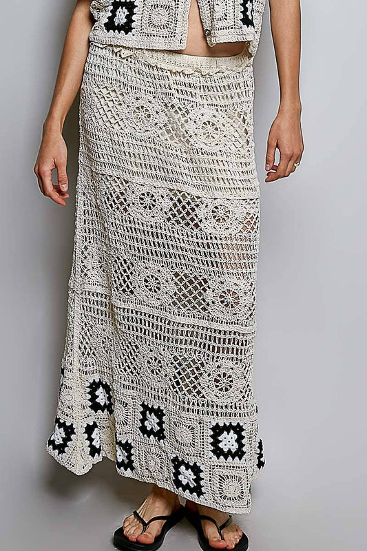 Granny Square Weave Ruffle Waistband Crochet Maxi Skirt