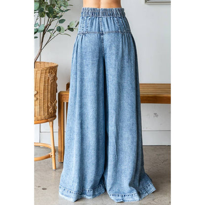 WASHED PINKTUCK WIDE LEG DENIM PANTS