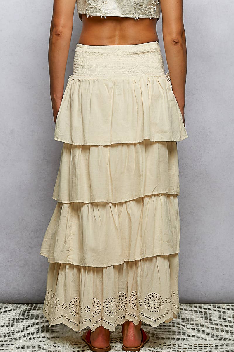 Smocked Waist and Side Slit Tiered Ruffle Maxi Skirt