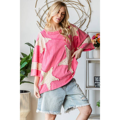 WASHED STAR PATCHWORK SHORT SLEEVE OVERSIZED TOP