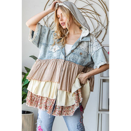 TIERED RUFFLE HOODED SHORT SLEEVE JACKET
