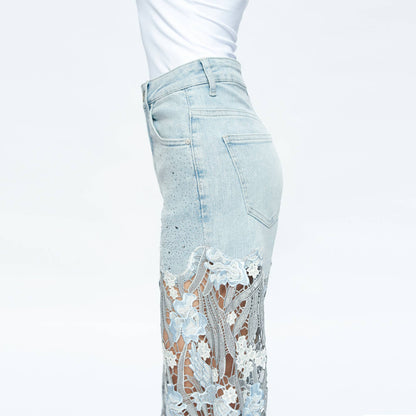 HIGH RISE WIDE LEG JEANS WITH LACE SPLICED