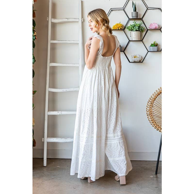 WHITE SMOCKED EYELET SLEEVELESS WIDE LEG JUMPSUIT