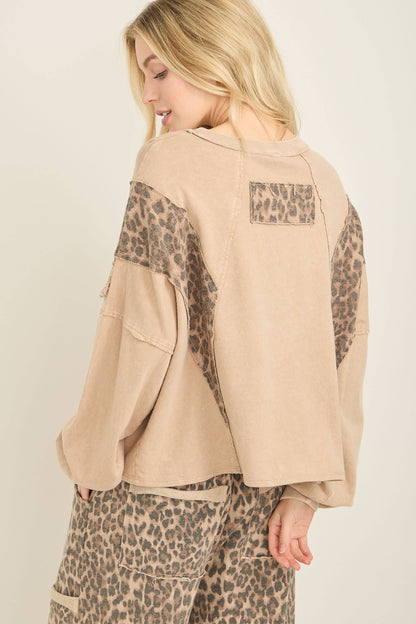 Mineral Washed  Leopard Fringe Terry Top