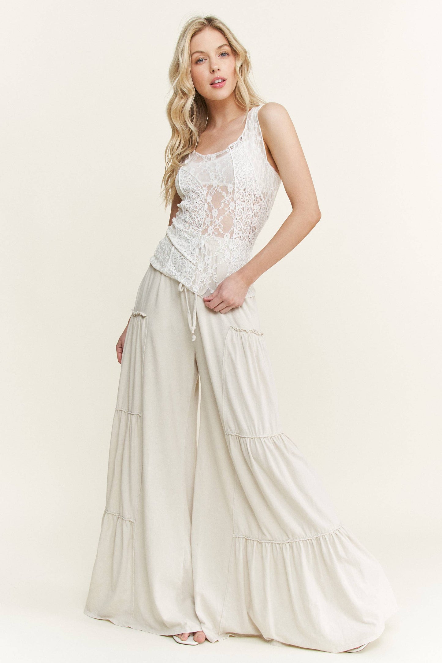 Mineral Washed Tiered Wide Leg Pants