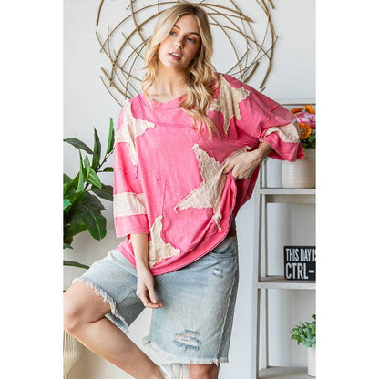 WASHED STAR PATCHWORK SHORT SLEEVE OVERSIZED TOP