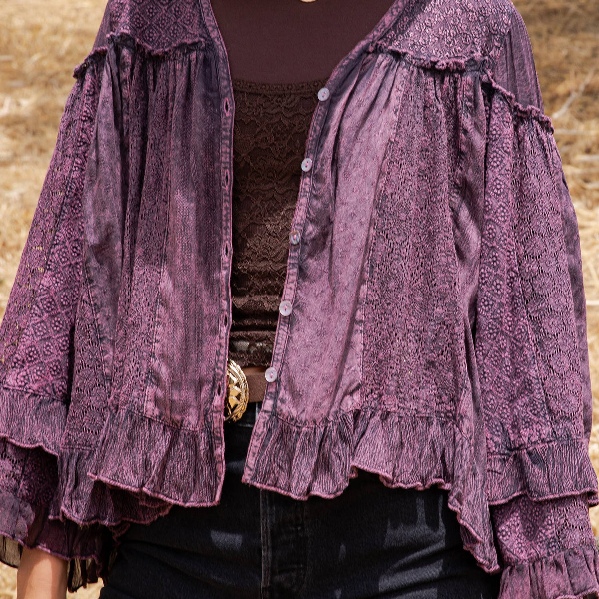 Dreamy Sheer V-Neck Ruffled Button-Front Top