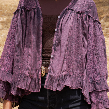 Dreamy Sheer V-Neck Ruffled Button-Front Top