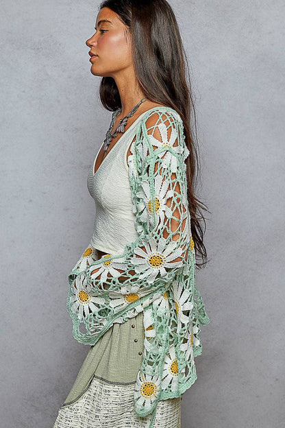 Long sleeve V neck crochet knit open cardigan