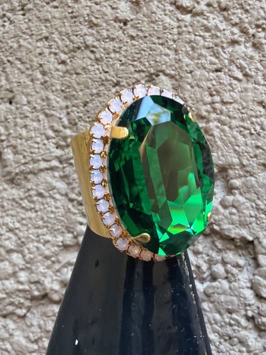 WETSTONE: Emerald w Pink Opal Trim Gold Liz Taylor Ring