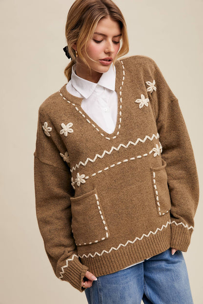 Floral Embroidered Knit Sweater