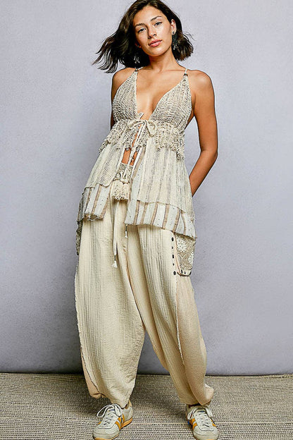 Stripe Loop Point Ruffle V-Neck Crochet Bra Top Sleeveless