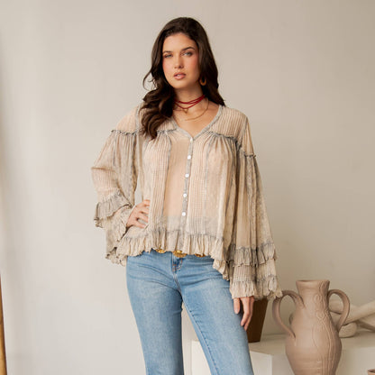 Dreamy Sheer V-Neck Ruffled Button-Front Top