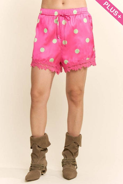 Plus - Polka Dot Satin Lace-Trim Shorts