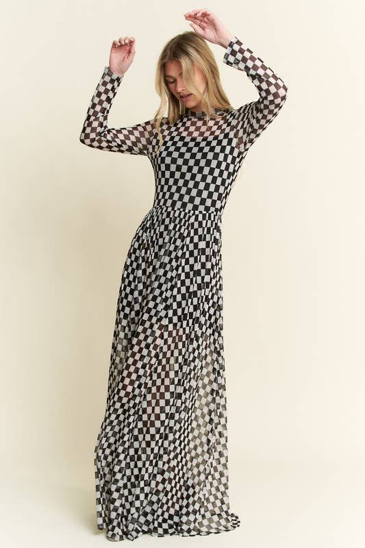 BLACK CHECKER PRINT MAXI DRESS