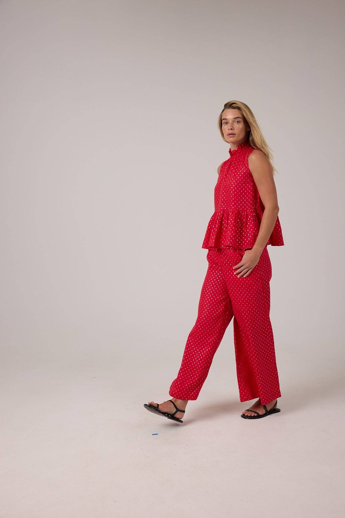 Cape Linen Pants - Red with Silver