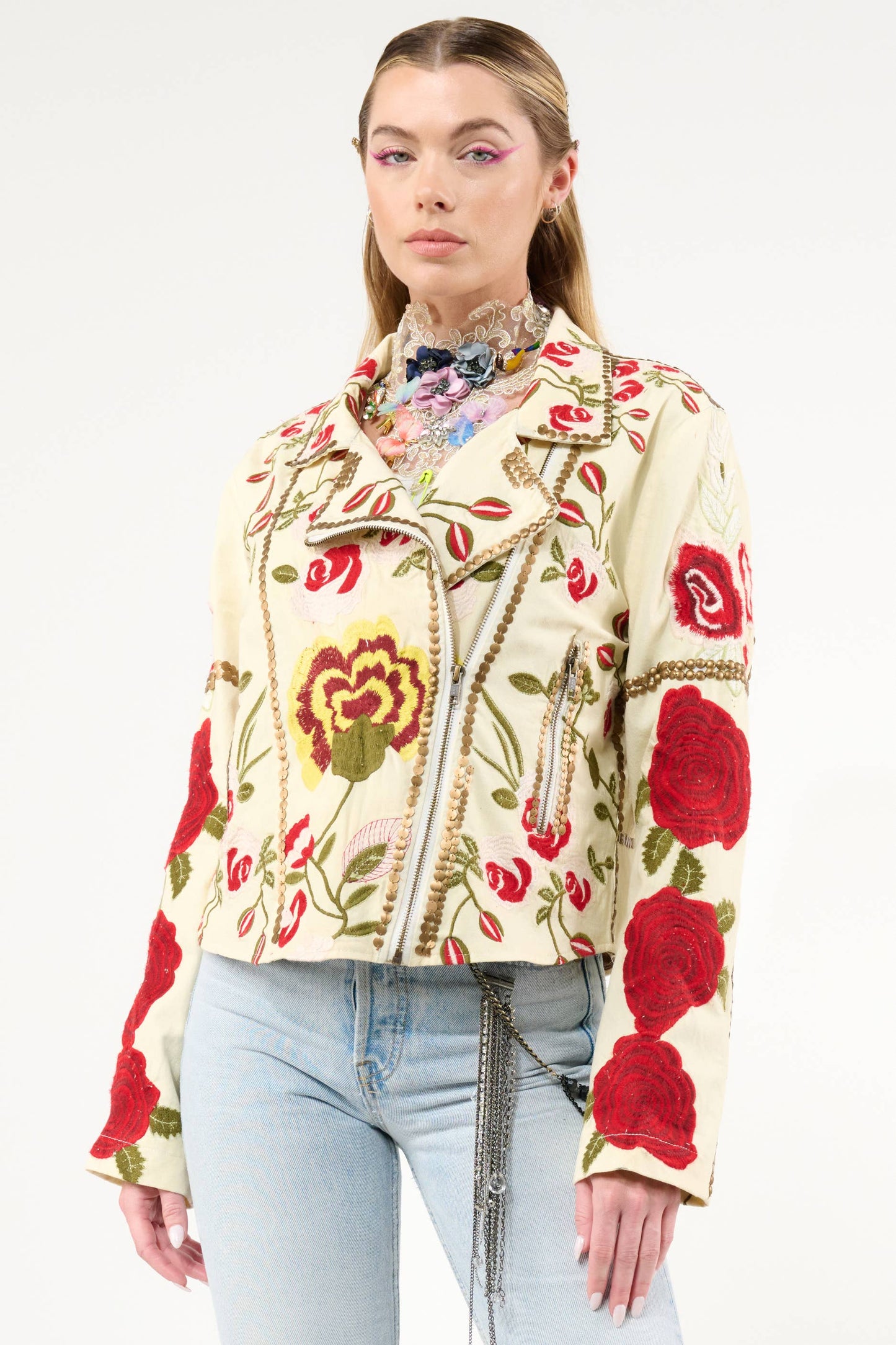 Carmen Embroidered Denim Motorcycle Jacket