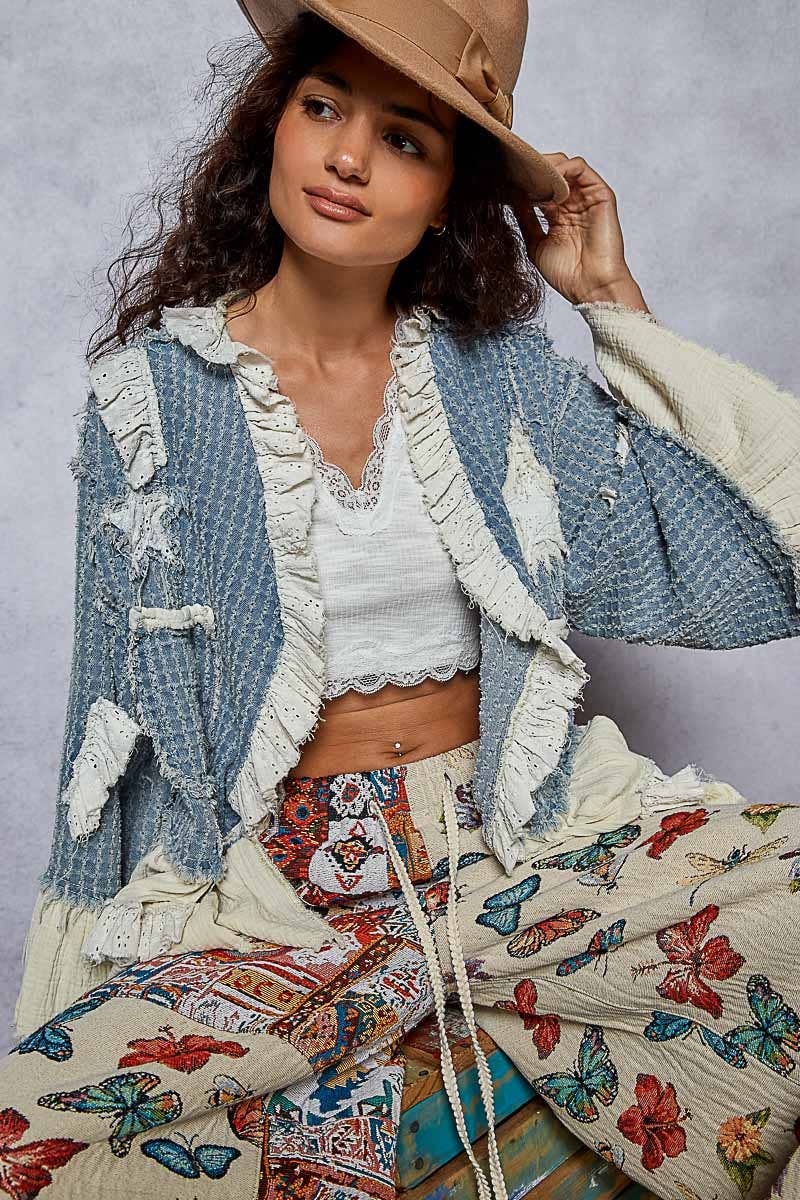 3/4 sleeve double gauze ruffle star denim woven jacket