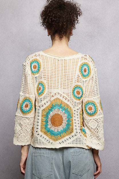 V-Neck Granny Circle Motif Scalloped Edge Crochet Top