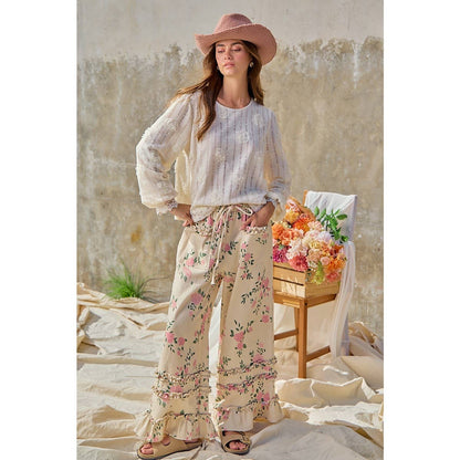 WASHED FLOWER PRINTED TWILL RUFFLED DETAIL WIDE PANTS