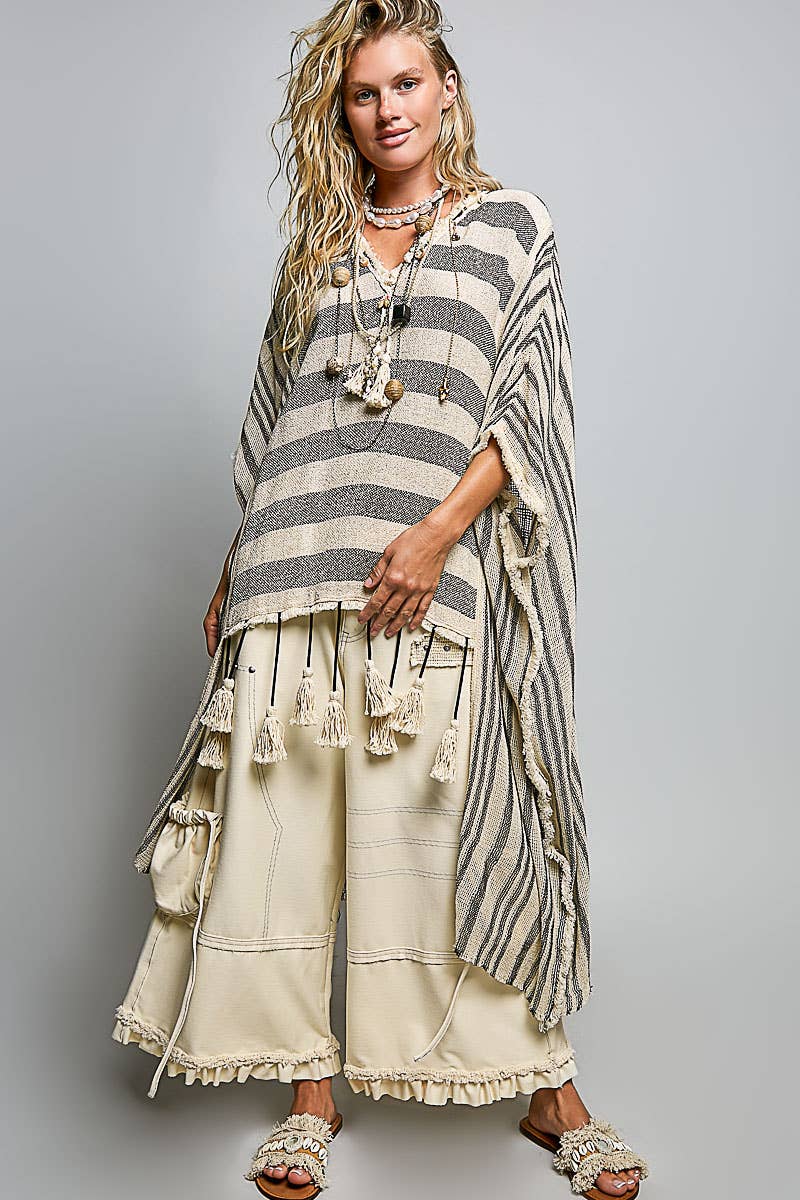 V-neck Fringe Tassel Vintage Washing Short Sleeve Top
