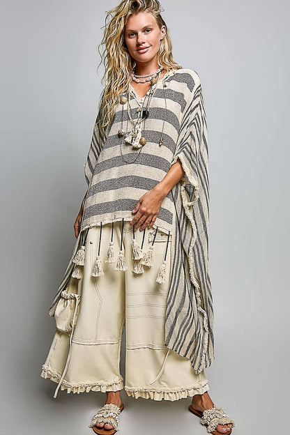 V-neck Fringe Tassel Vintage Washing Short Sleeve Top