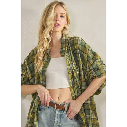 WASHED BUTTON DOWN LONG SLEEVE PLAID SHIRT