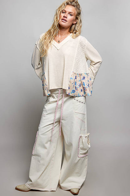Ribbed Floral Lace Accent Ruffle Trim V-Neck Top