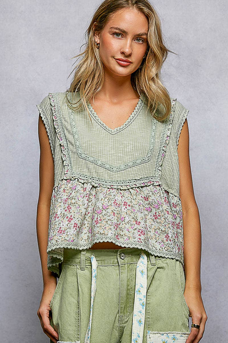 V-neck Floral Ruffle Sleeveless Top