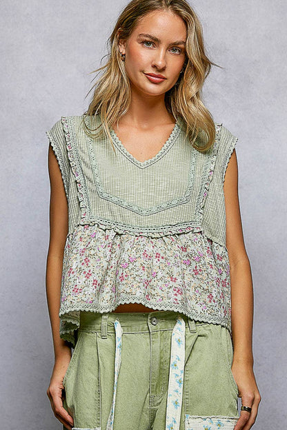 V-neck Floral Ruffle Sleeveless Top
