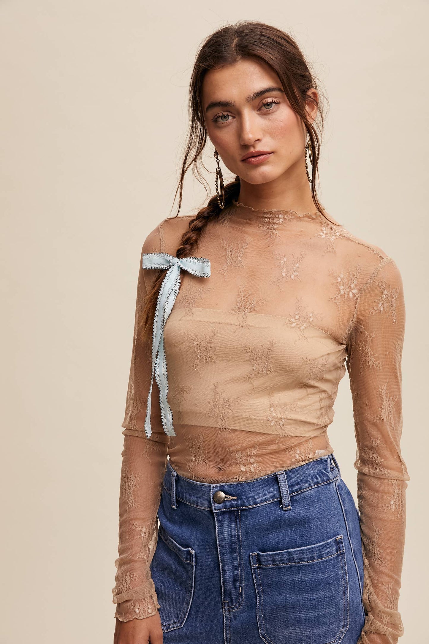 Sheer Lace Long-Sleeve Layering Top