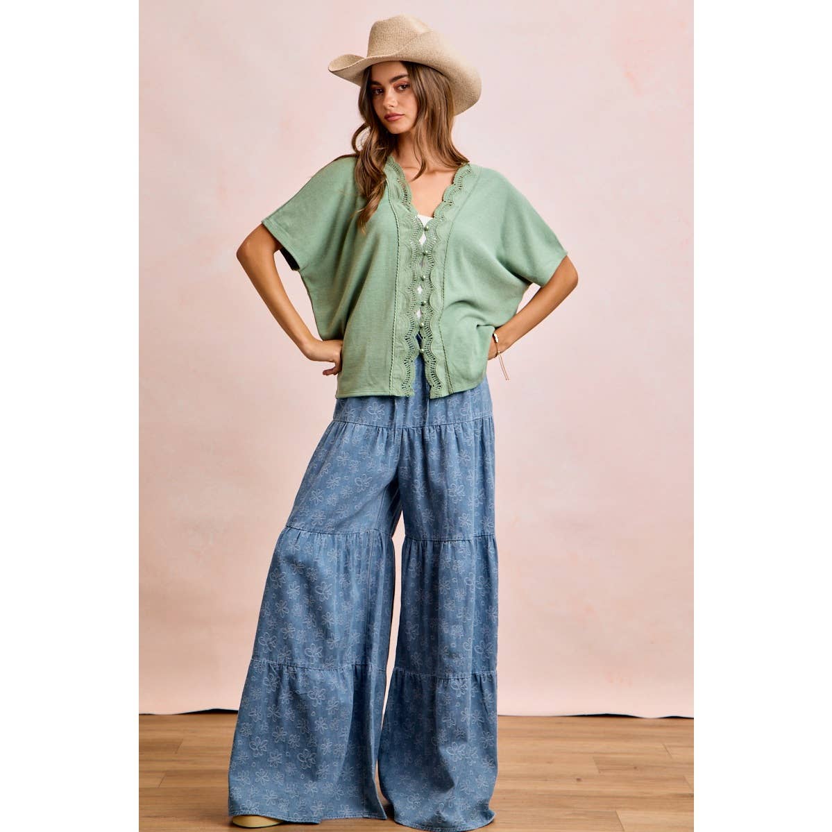 FLORAL TIERED FLARE DENIM PANTS