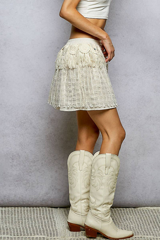 Fringe Circle Motif Trim Knee Length Skirt