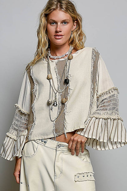 Raw Edge Contrast Panels Textured Woven Boxy Top