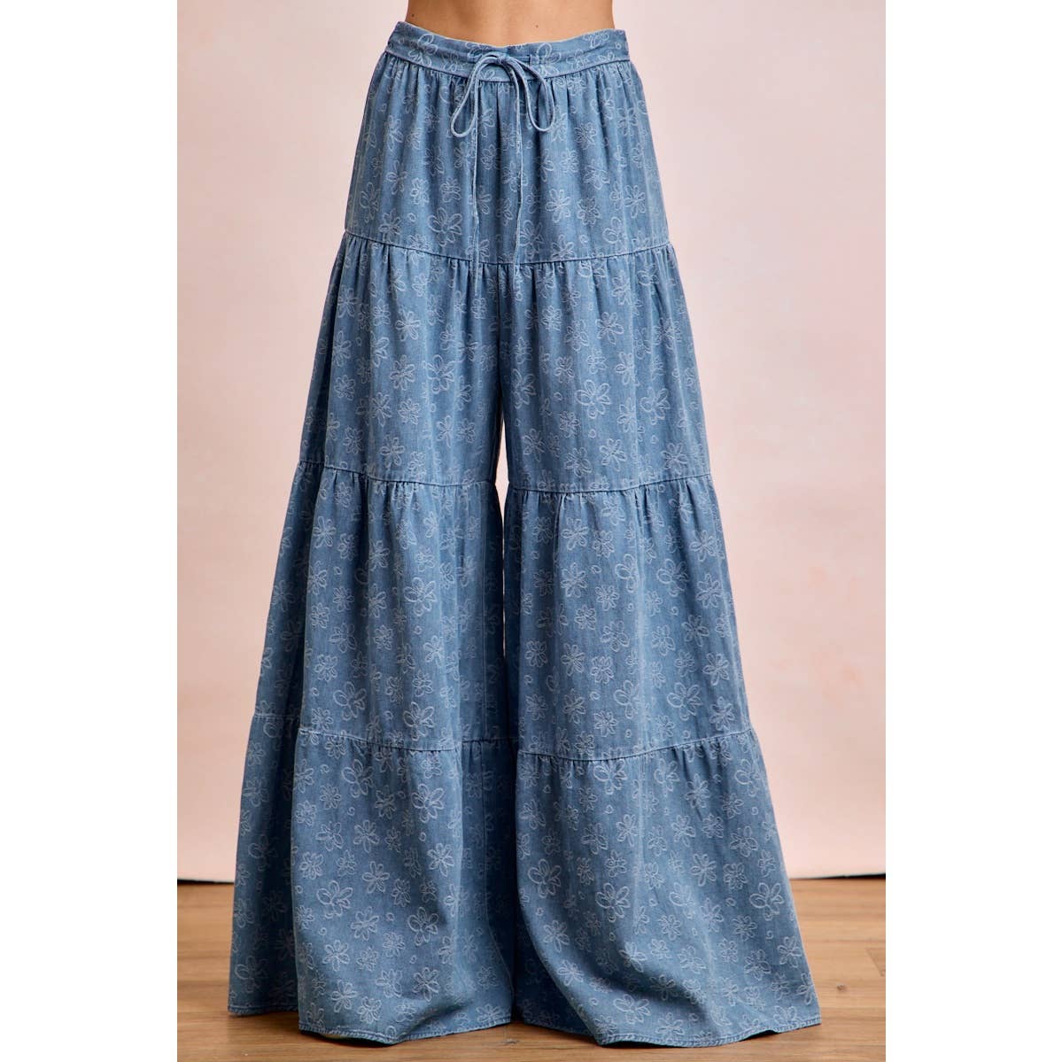 FLORAL TIERED FLARE DENIM PANTS