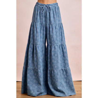 FLORAL TIERED FLARE DENIM PANTS