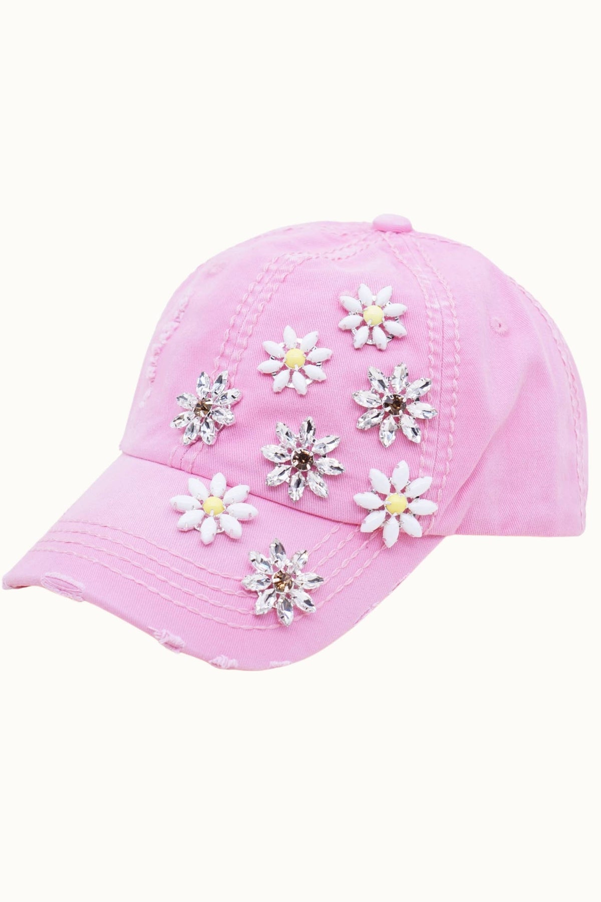 Daisy Bejeweled Bling Distressed Cap, Adjustable Multi colors available