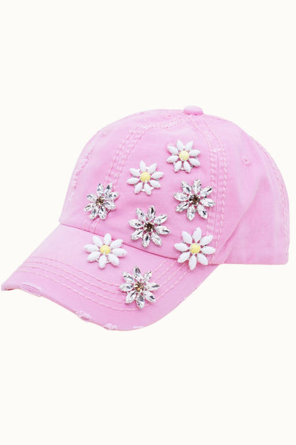 Daisy Bejeweled Bling Distressed Cap, Adjustable Multi colors available