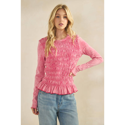 PINK SMOCKED PEPLUM LONG SLEEVE TOP
