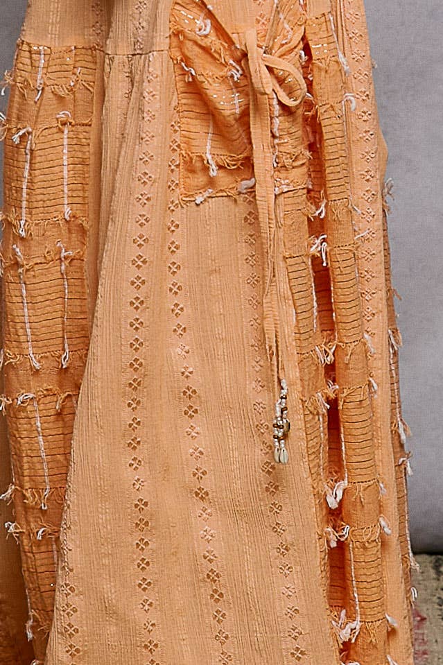 Boho Ruffle Contrast Shell Trim Wide Leg Pants