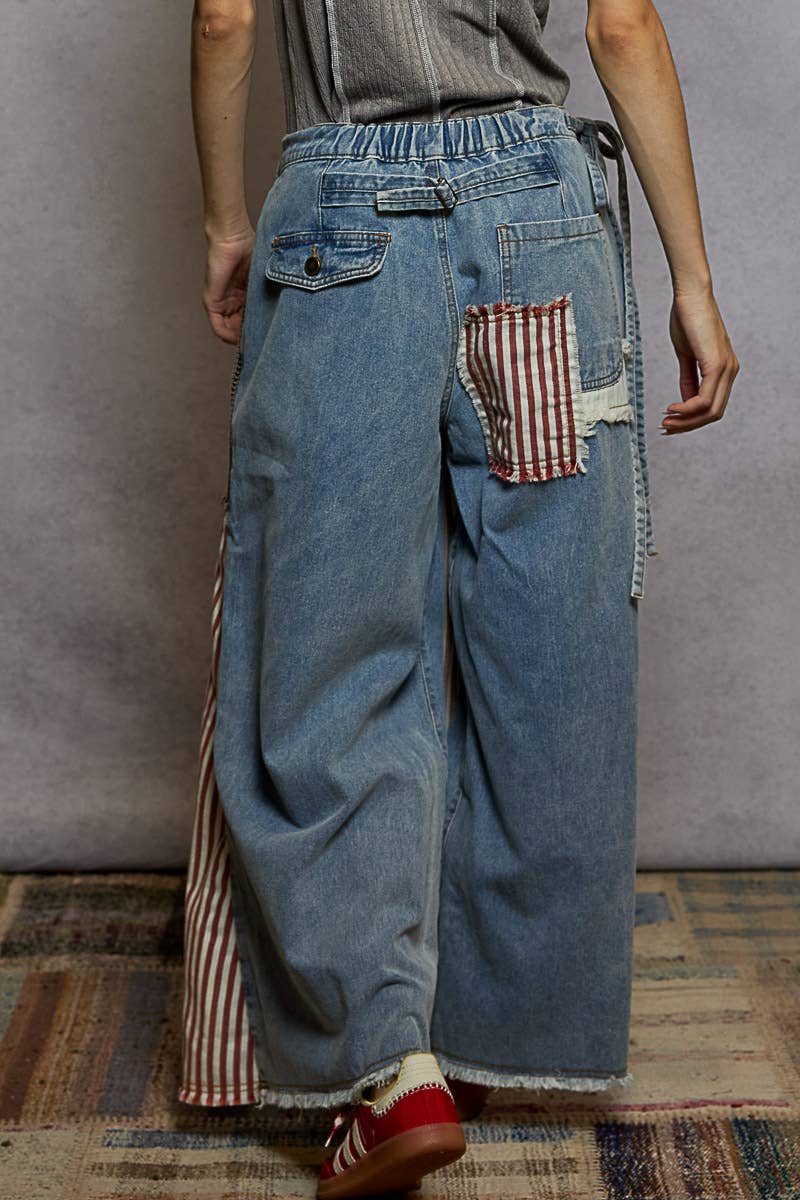 American flag wrapping raw edge camo/solid woven wide pants
