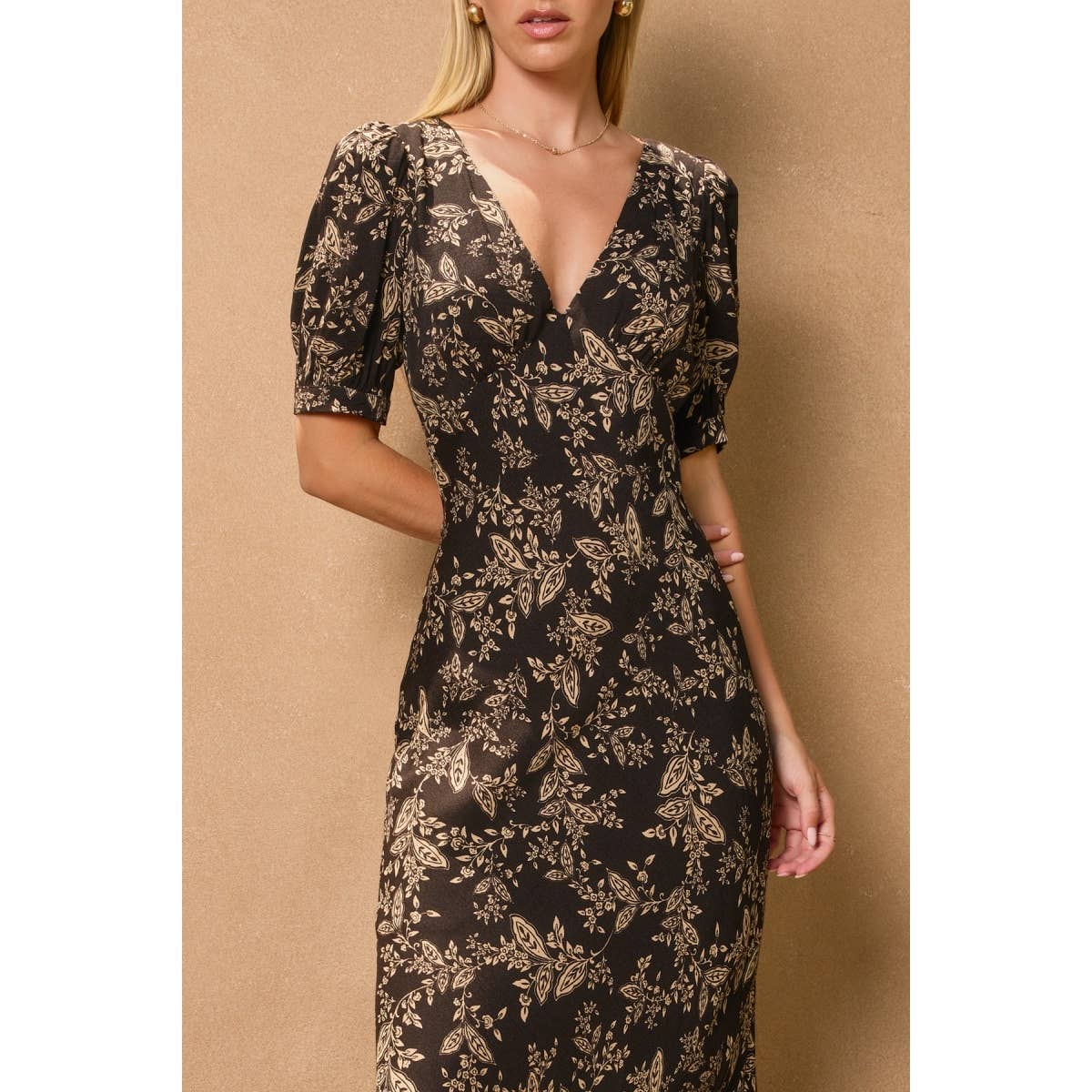 Brown Butter Puff Sleeve V Neck Dress