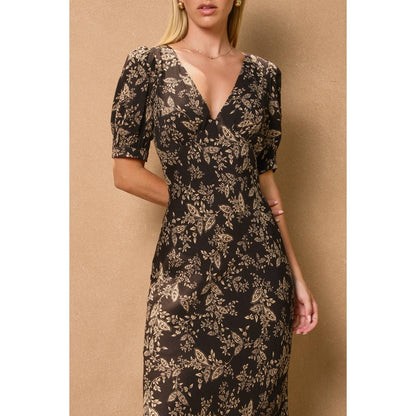 Brown Butter Puff Sleeve V Neck Dress