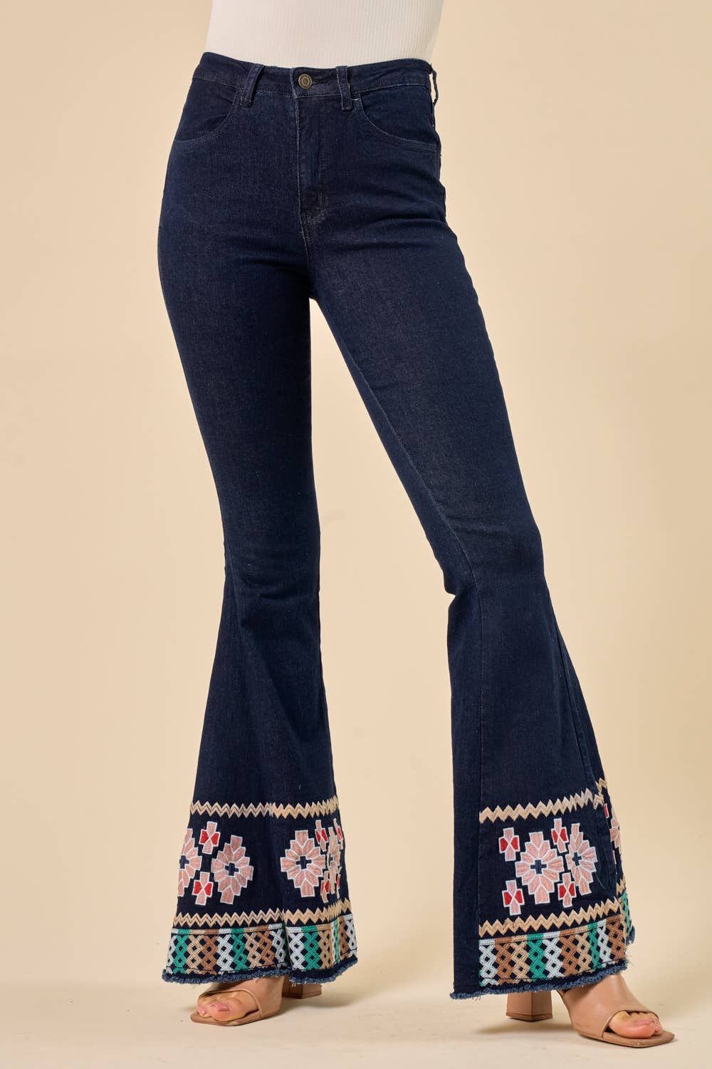 DARK DENIM BELLBOTTOMS WITH EMBROIDERY DETAIL